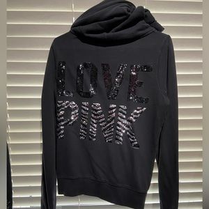 Victoria Secrets, Love Pink, Full zip up, black hooded sweatshirt. Size Large